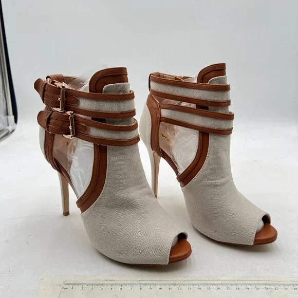 XYD Gainsboro-brown Peep Toe Sandal Ankle Booties Dual Buckled Straps Stiletto H - Picture 4 of 8